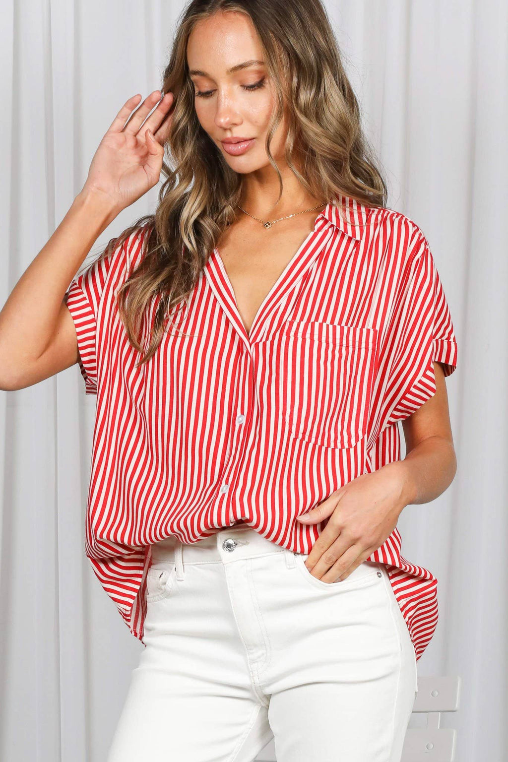 Collared Short Roll-Up Sleeve Button-Down Shirt VT83098