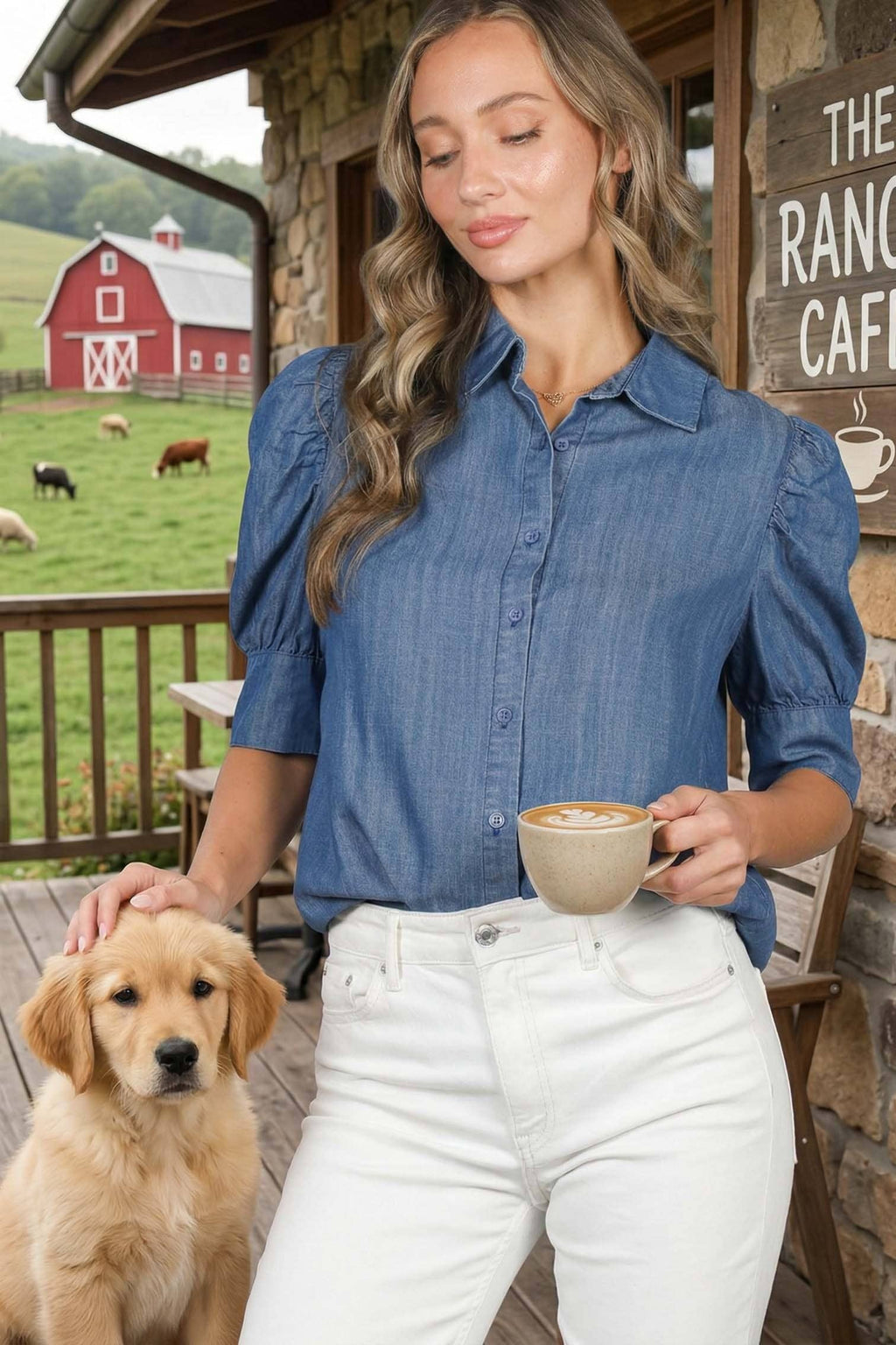Collared Puff-Sleeve 100%Tencel Chambray Denim