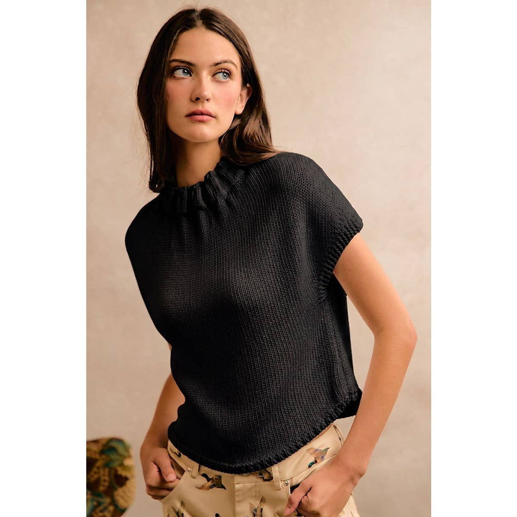 HIGH NECK CAP SLEEVE KNIT VEST