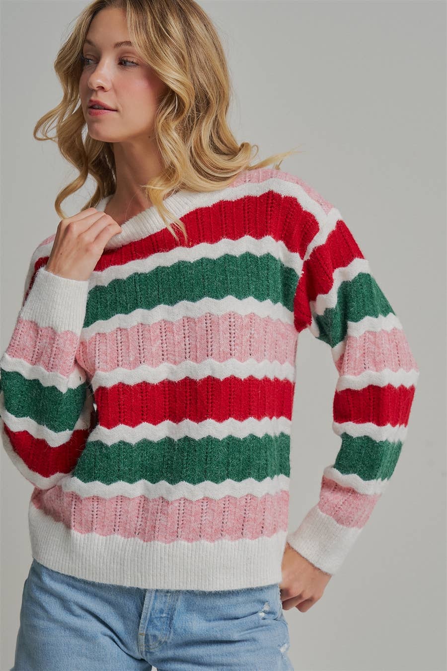 HOLIDAY CHRISTMAS  TEXTURED STRIPE SWEATER TOP_JLT00341-01