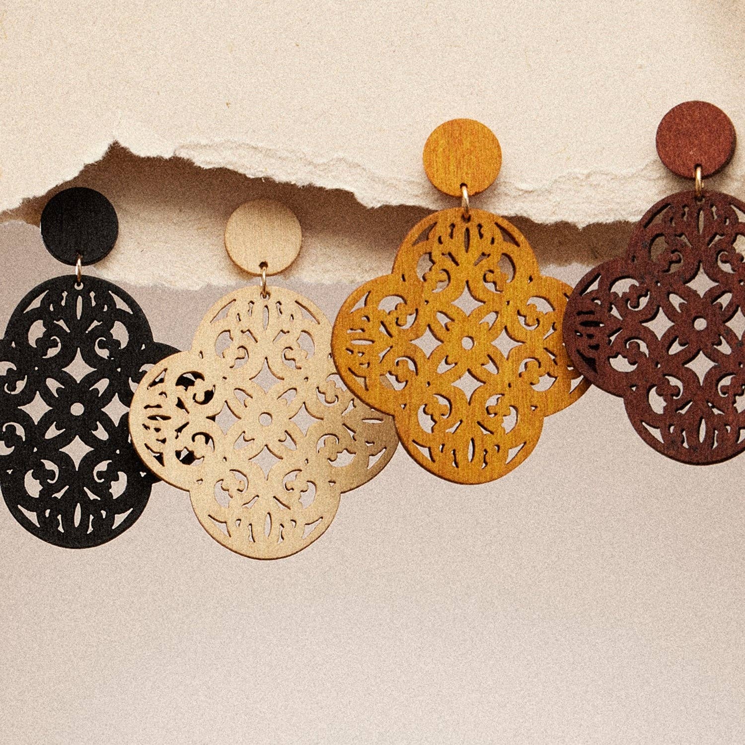Moroccan Ornate Filigree Wooden Earrings in Earthy Tones