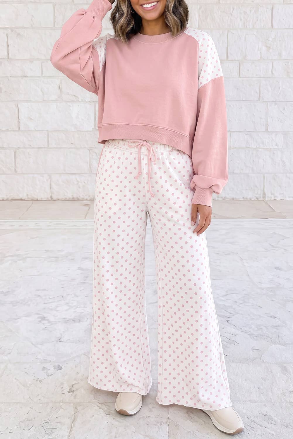 Polka Dot Patchwork Long Sleeve Casual Two Piece Set S-4X