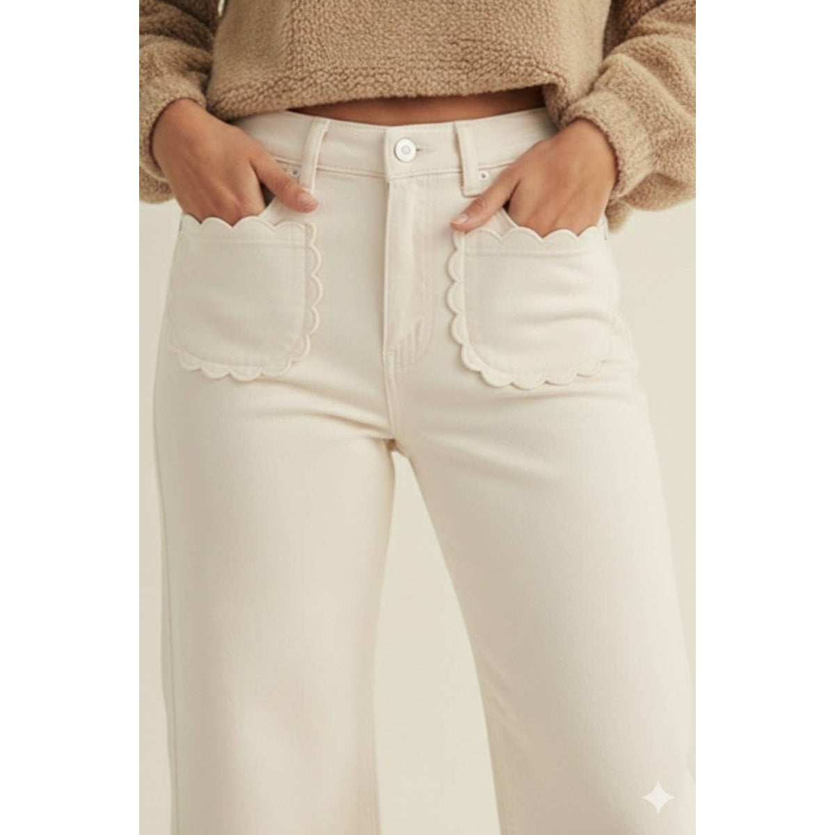 Stretch Mid Rise Scallop Poket Wide Leg Pants