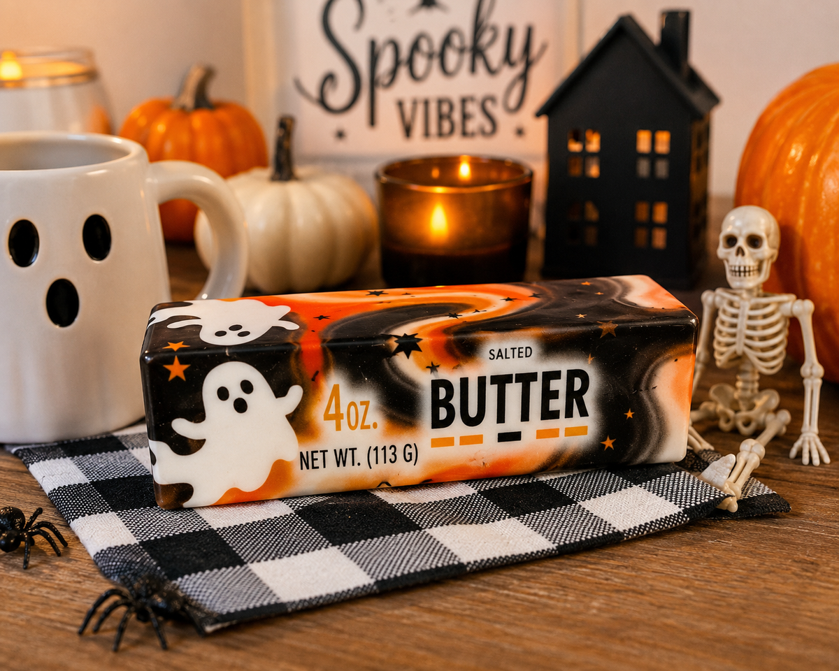 Halloween Ghost Butter Squishy â€“ Orange & Black Slow Rise Butter Toy