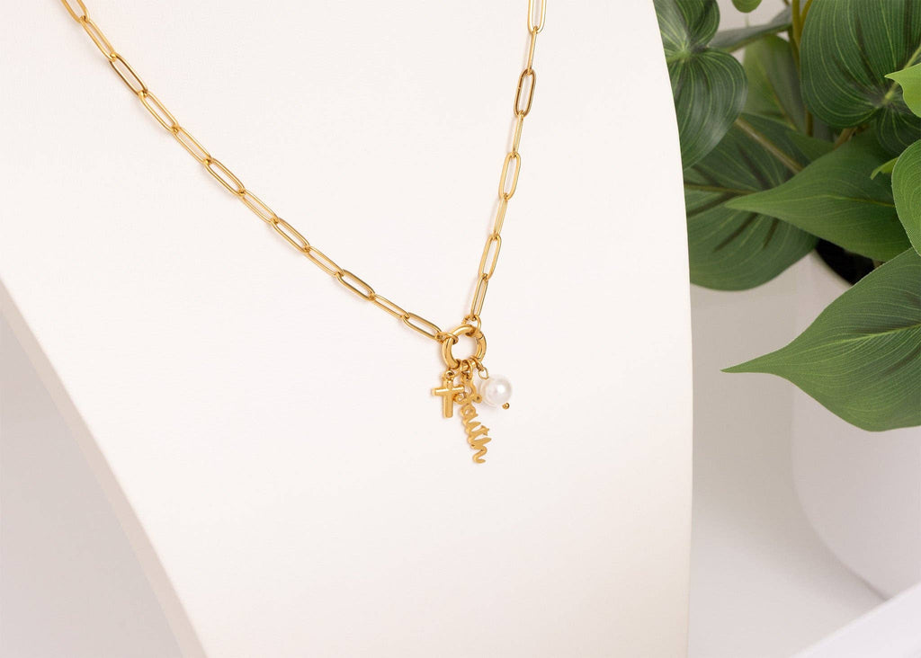 Gold Stainless Steel Faith Charm Holder Necklace Gift Set