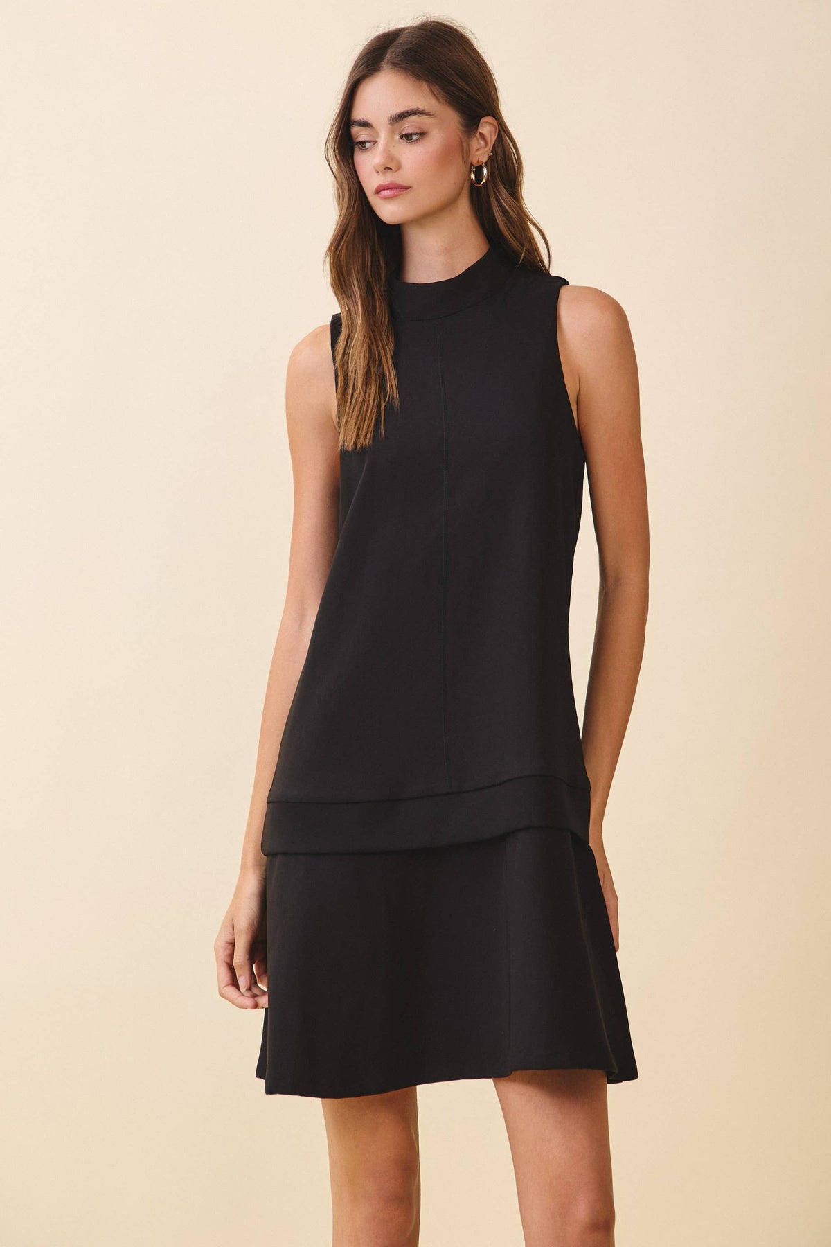 CD06414-Sleeveless Mock Neck Layered Hem Shift Dress