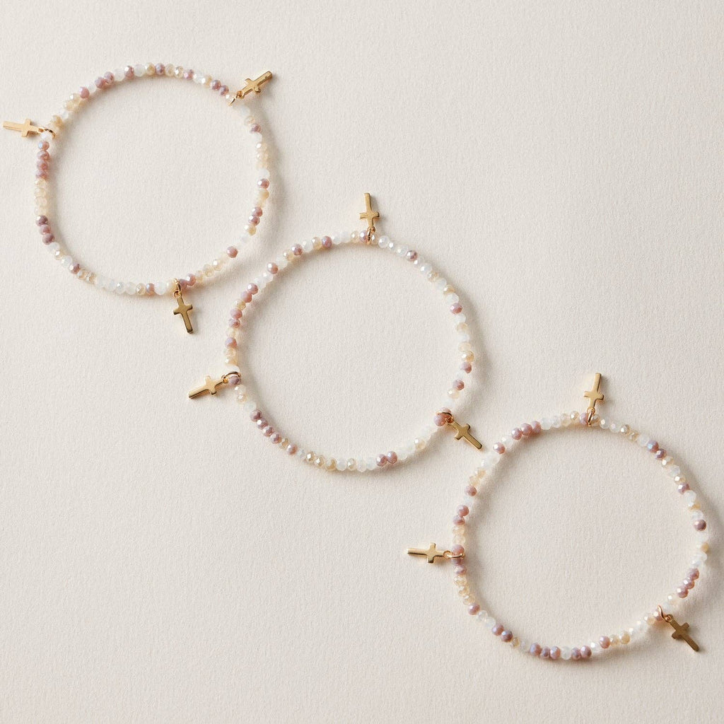 Gold Cross Charm Crystal Stretch Bracelet Stack Set
