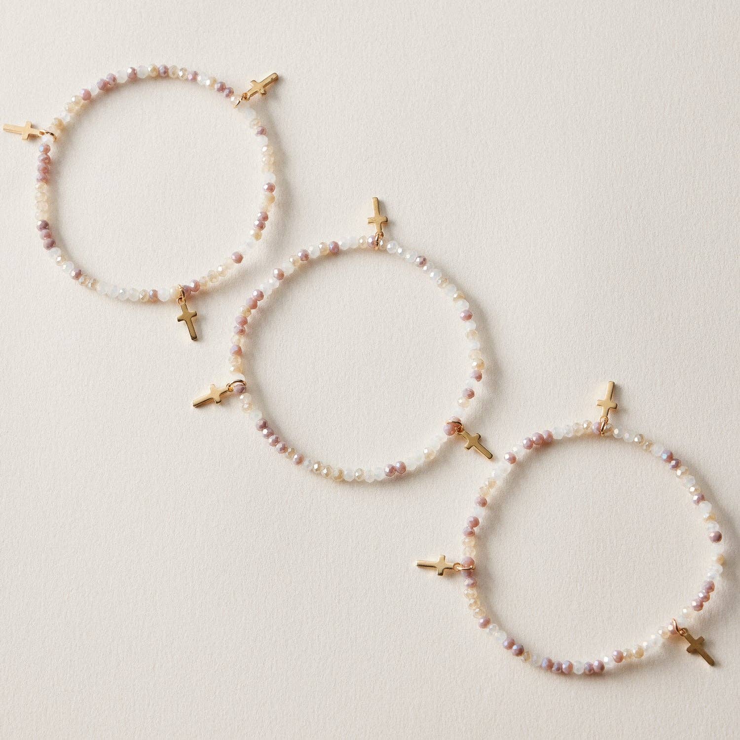 Gold Cross Charm Crystal Stretch Bracelet Stack Set
