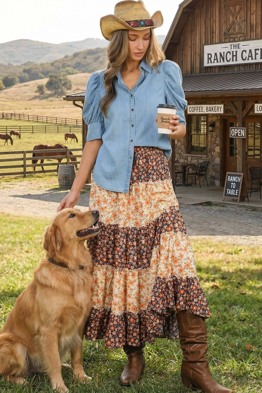 Collared Puff-Sleeve 100%Tencel Chambray Denim