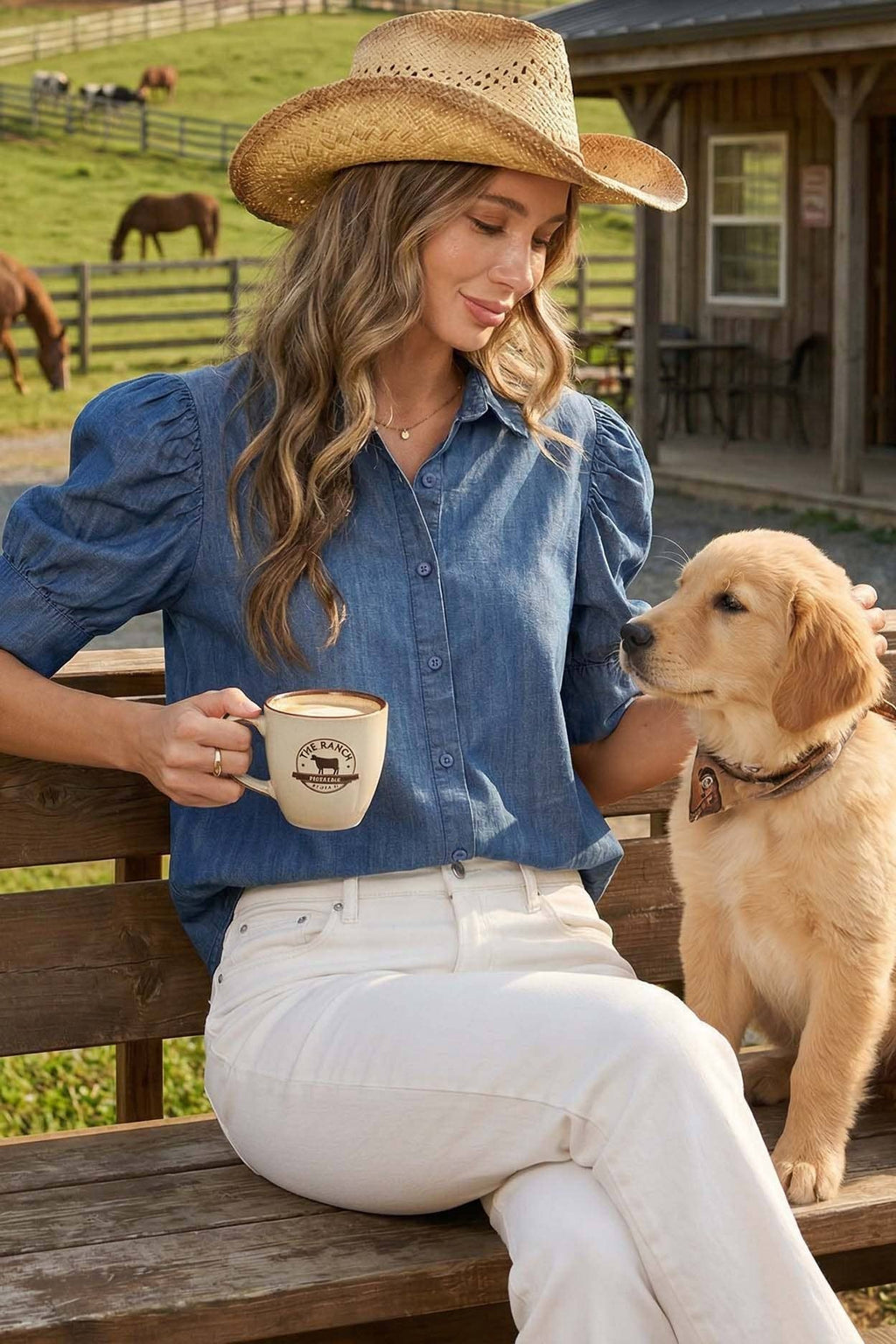 Collared Puff-Sleeve 100%Tencel Chambray Denim