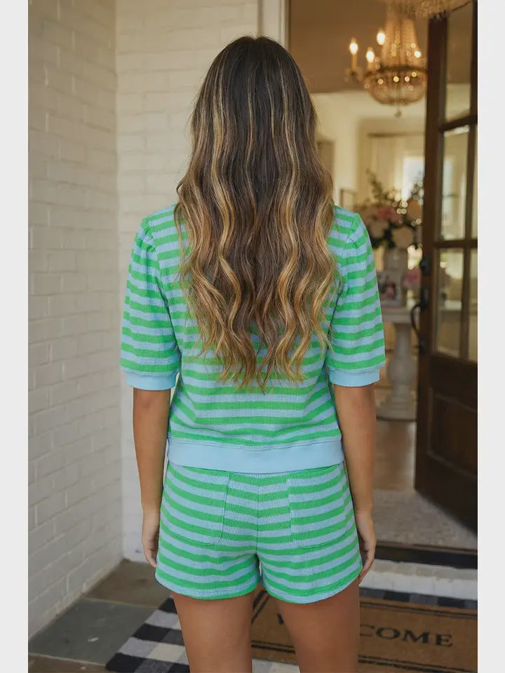 Stripe Puff Sleeve T Shirt Matching Shorts Set
