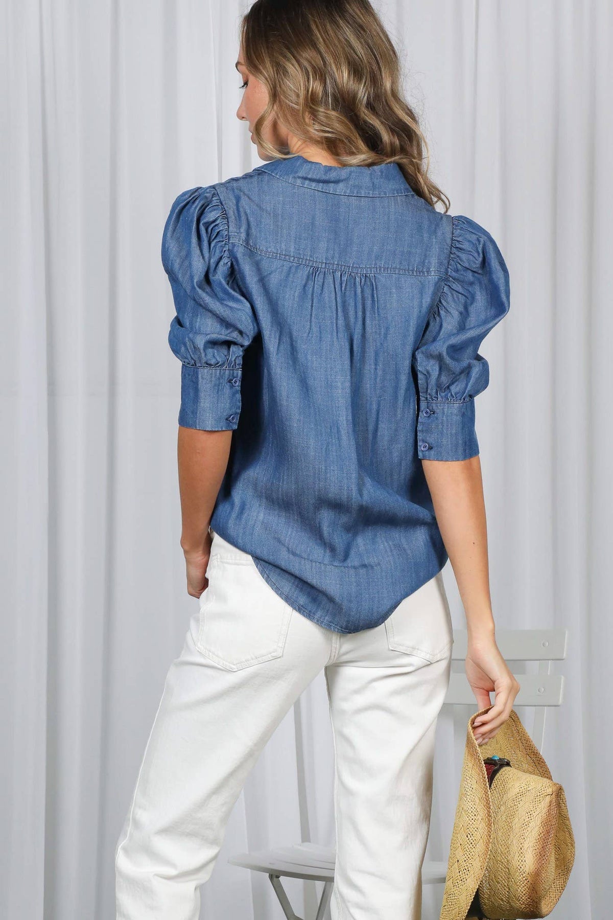 Collared Puff-Sleeve 100%Tencel Chambray Denim