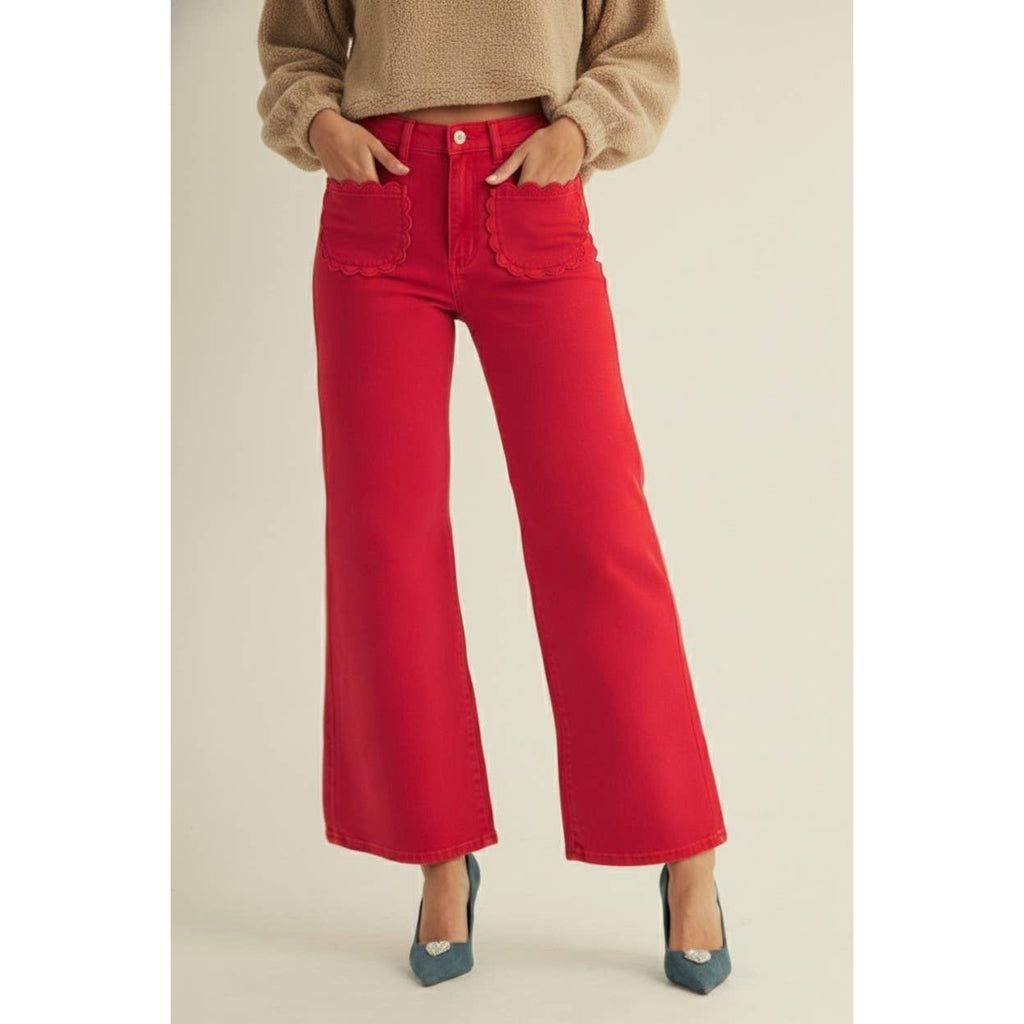 Stretch Mid Rise Scallop Poket Wide Leg Pants