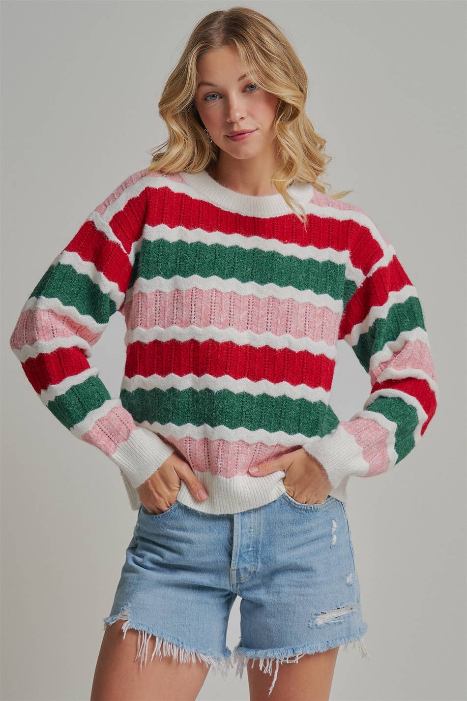 HOLIDAY CHRISTMAS  TEXTURED STRIPE SWEATER TOP_JLT00341-01