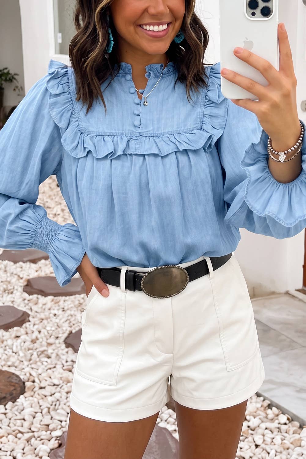 LDC Western Ruffle V Neck Long Sleeve Chambray Blouse