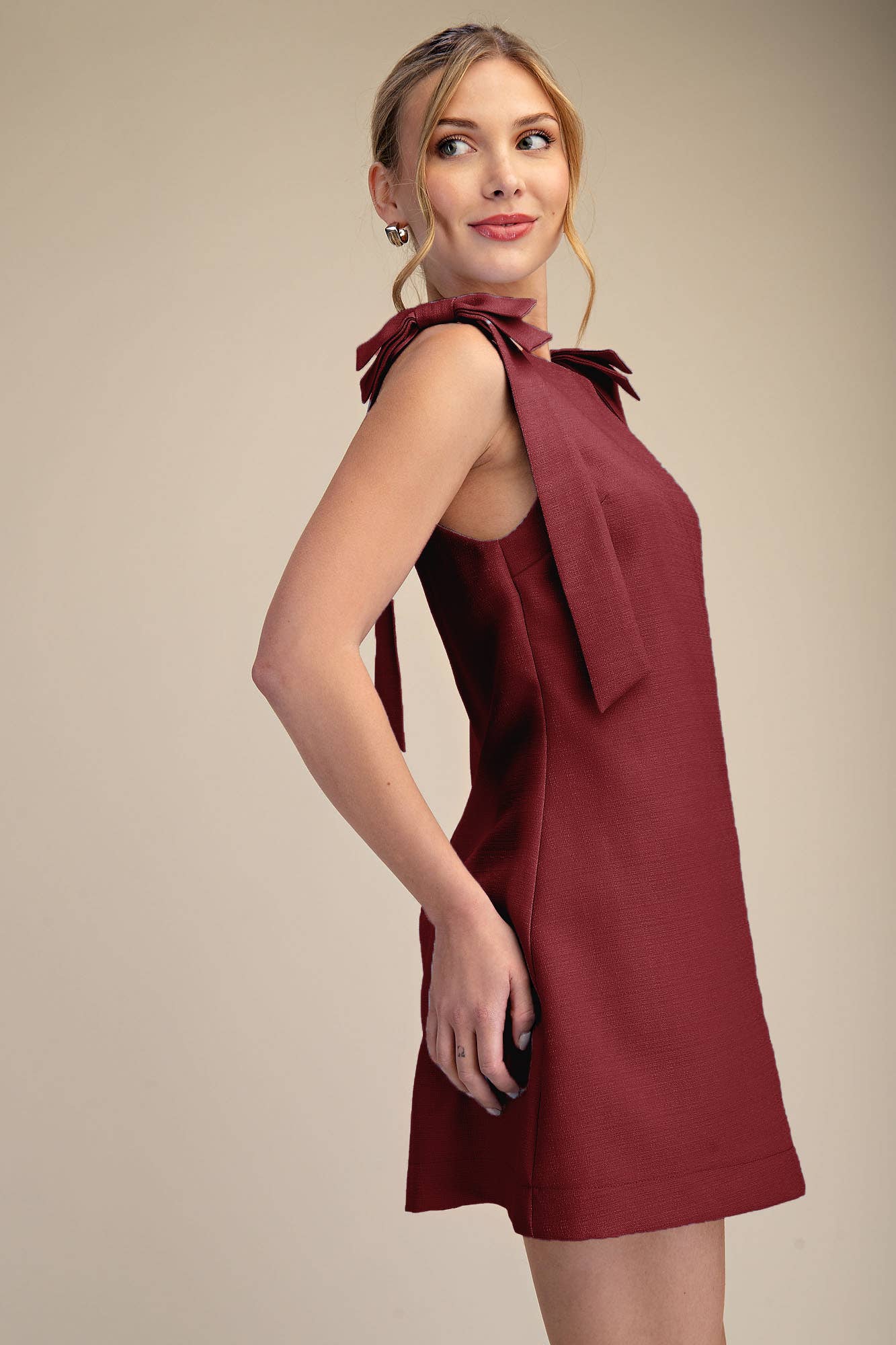 Bow Sleeveless Textured Mini Dress
