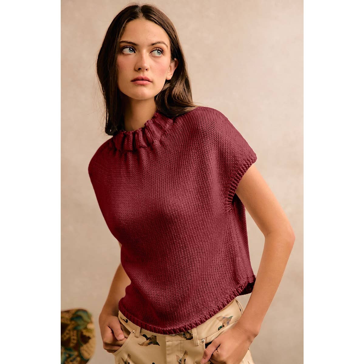 HIGH NECK CAP SLEEVE KNIT VEST