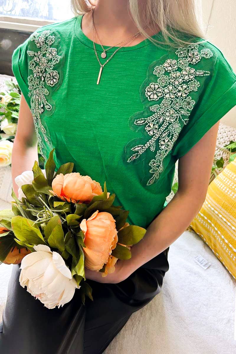 Floral Rhinestone Detail 100% Cotton Knit Top VT81406