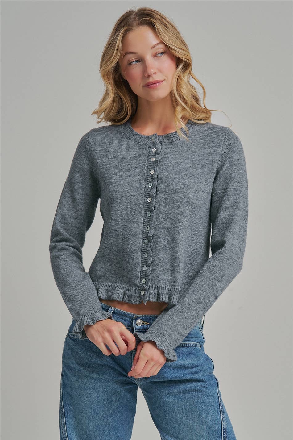 CASUAL CLASSIC BUTTON DOWN RUFFLED CARDIGAN_JLT00436-01