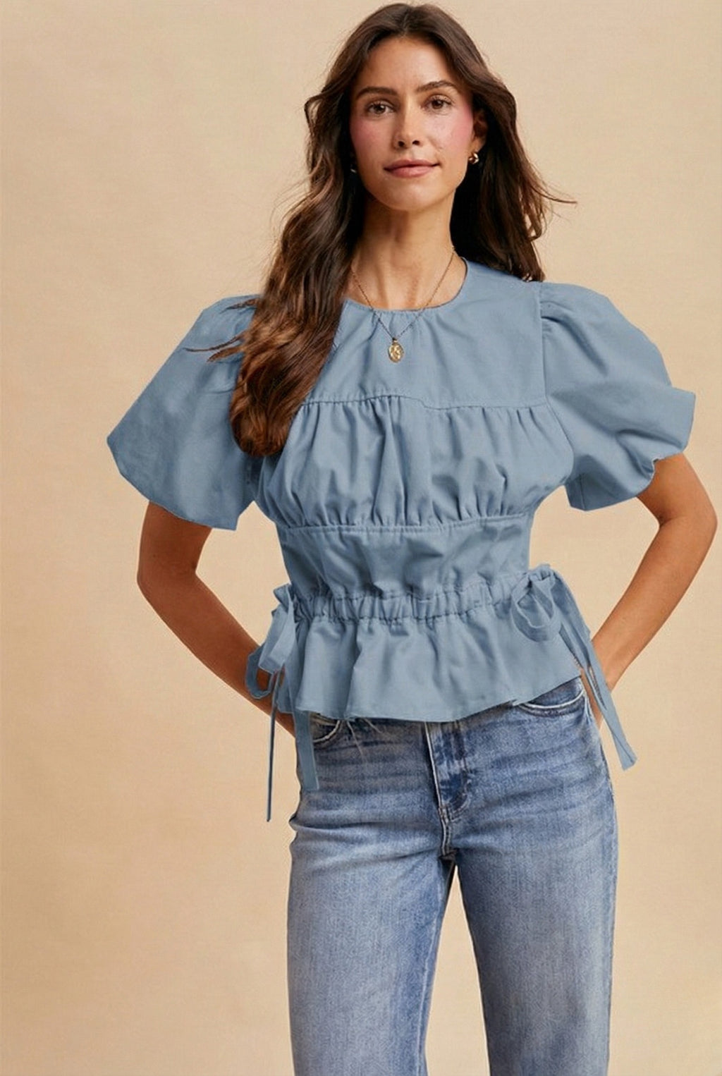 Puff Sleeve Peplum Hem Cotton Blouse