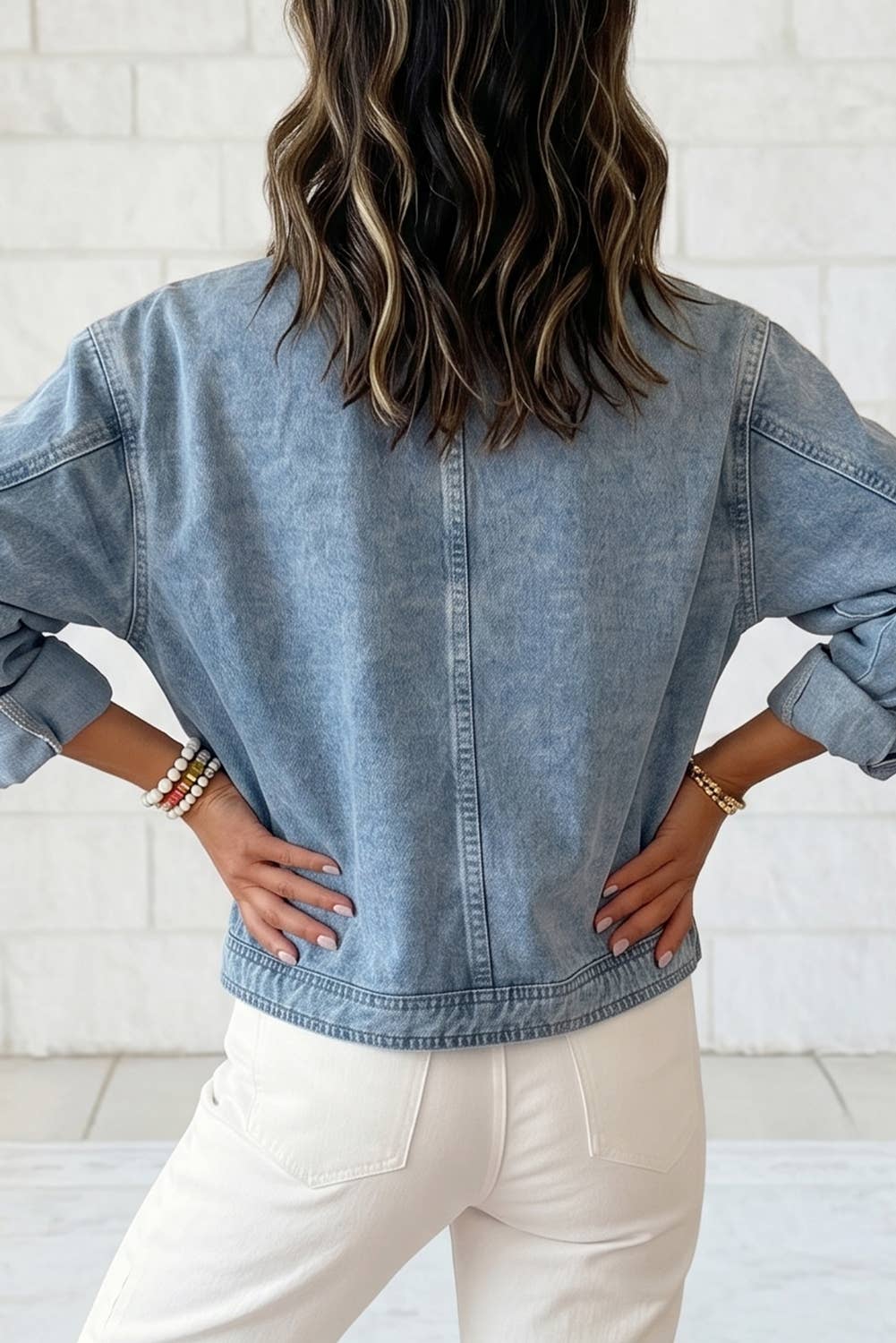 Studded Metal Zipper Rivet Pockets Long Sleeve Denim Jacket