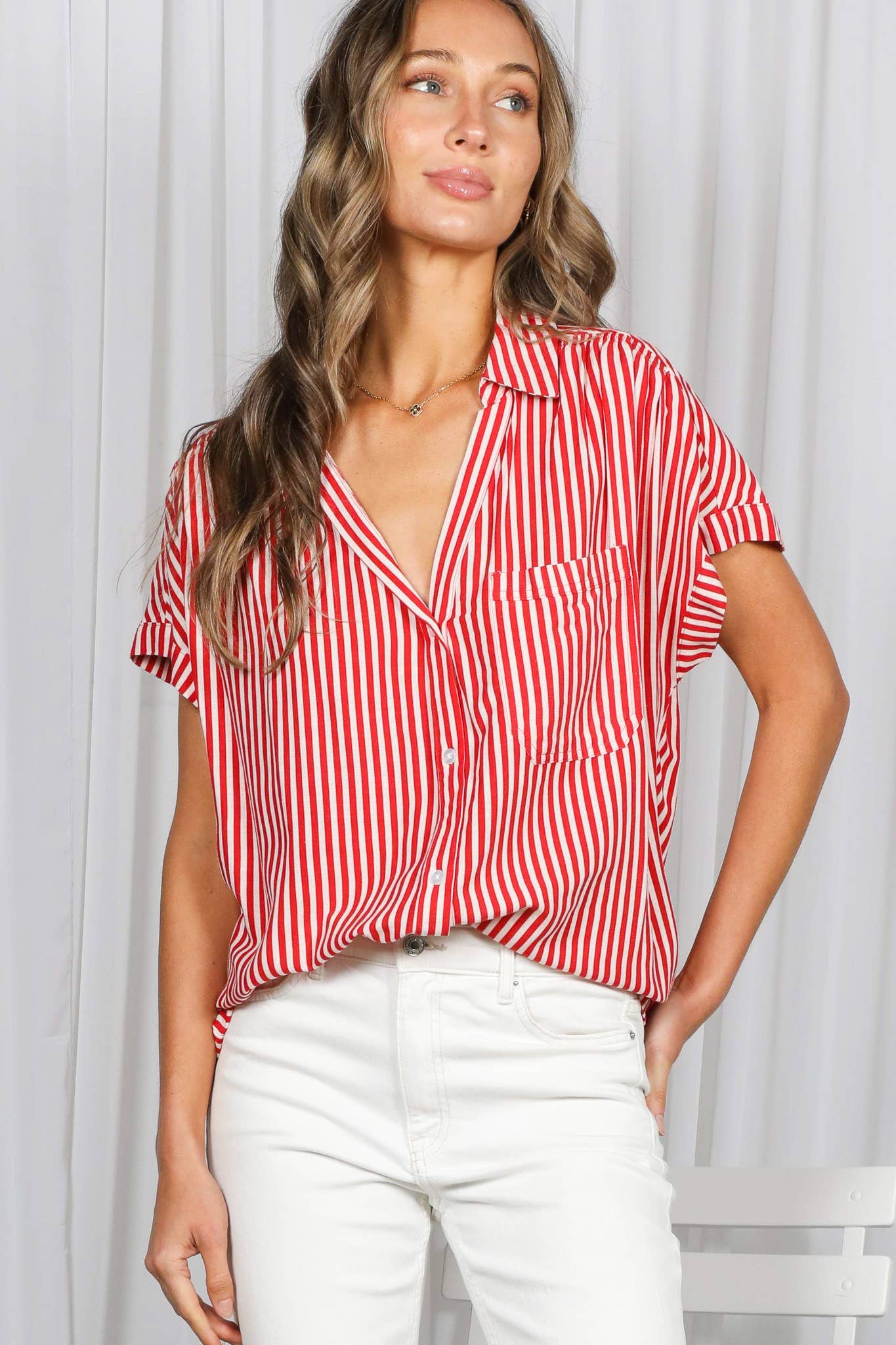 Collared Short Roll-Up Sleeve Button-Down Shirt VT83098