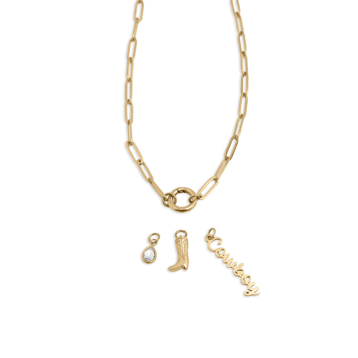 Gold Stainless Steel Cowboy Charm Holder Necklace Gift Set