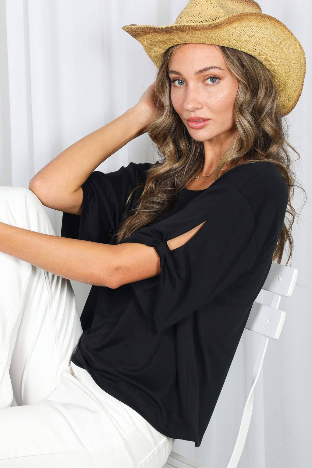 Tie Accent Sleeve Soft Casual T-Shirt Top VT82907