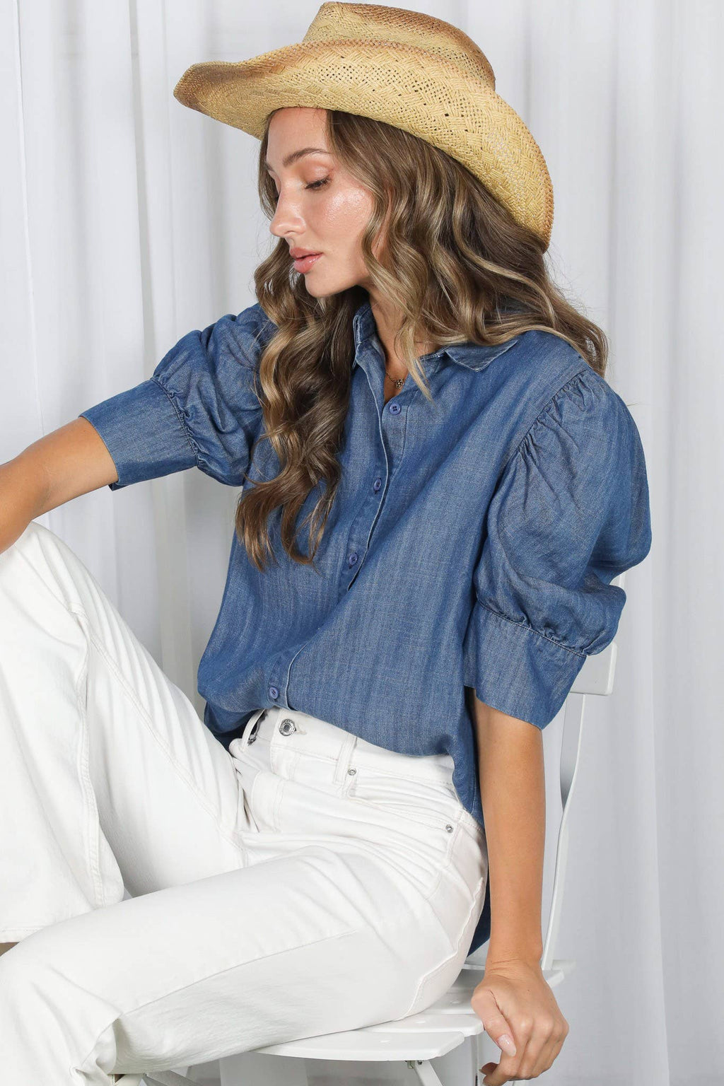 Collared Puff-Sleeve 100%Tencel Chambray Denim