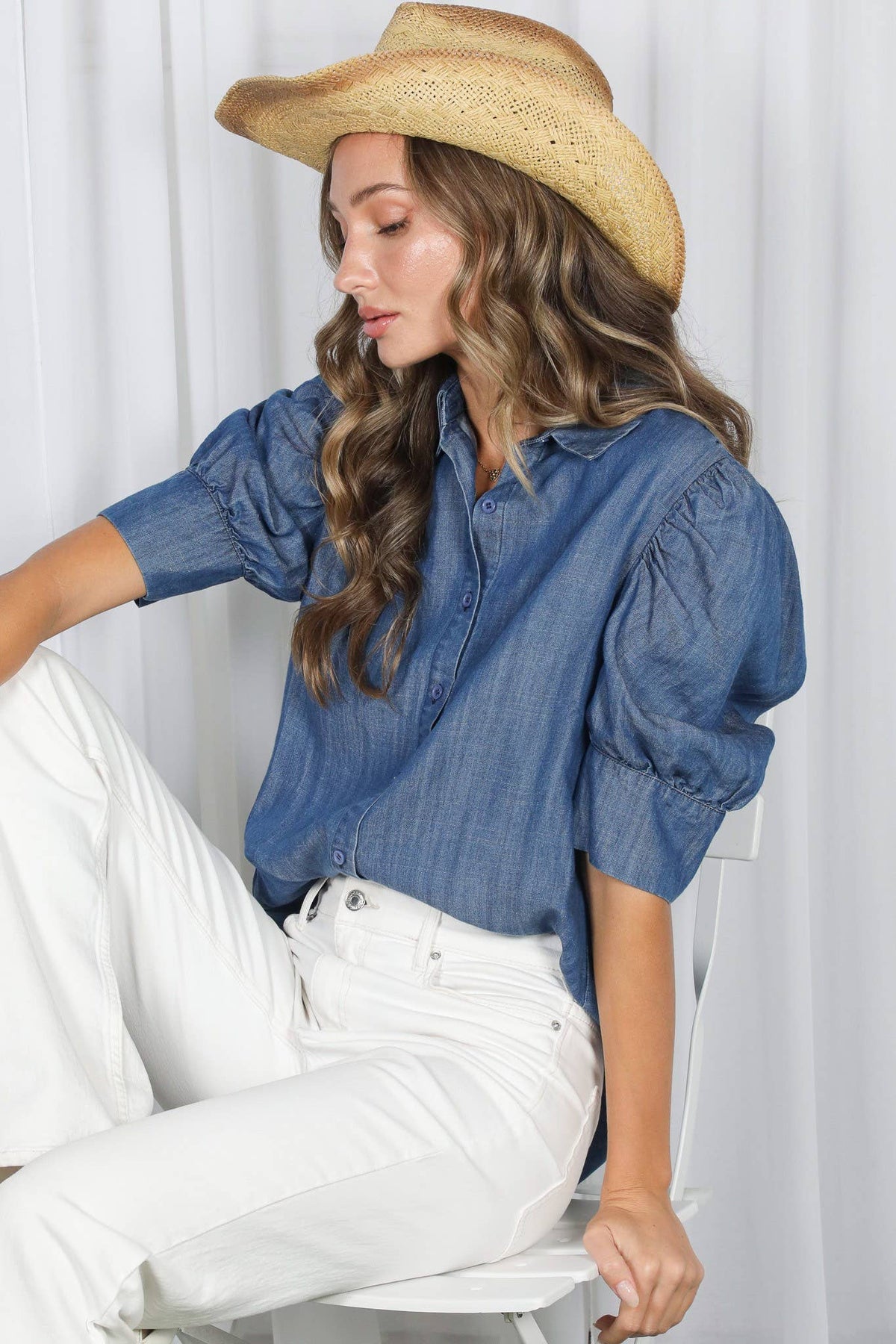 Collared Puff-Sleeve 100%Tencel Chambray Denim