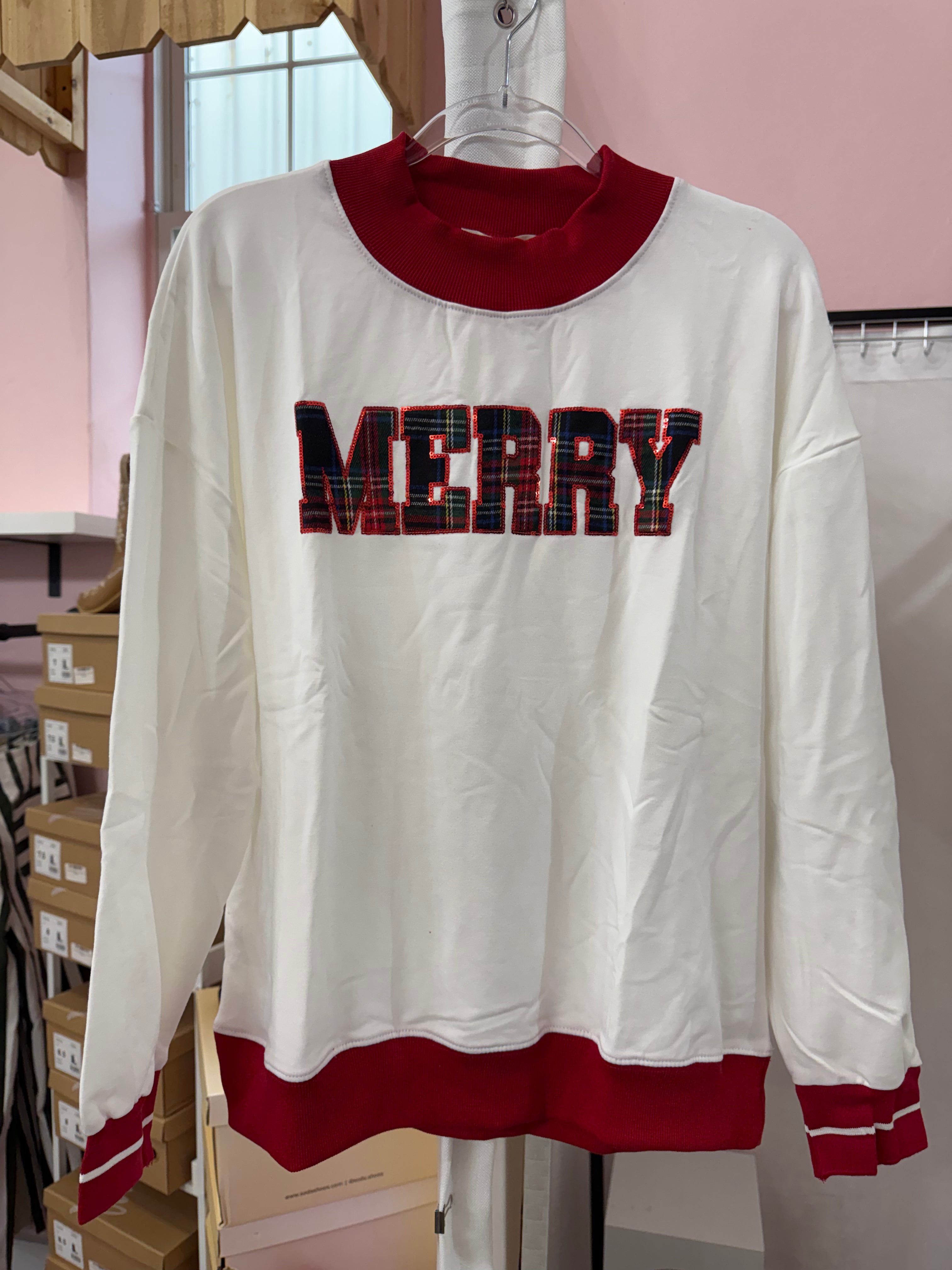Plaid “Merry” White Longsleeve Top