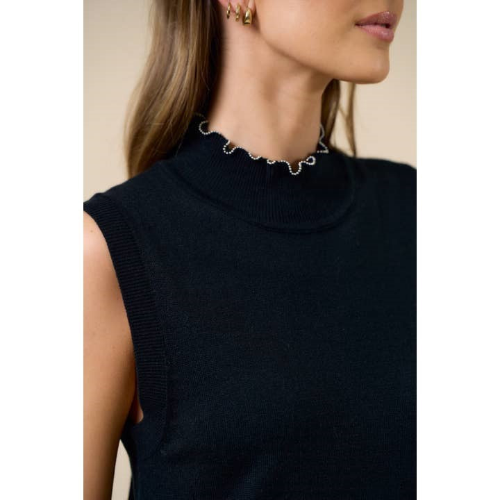 Sleeveless Mock Neck Sweater Dress with Mini Pearl Collar