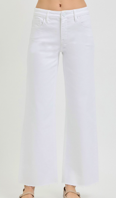 TUMMY CONTROL MID RISE ANKLE STRAIGHT RAW HEM PANTS PSA21667 WHITE