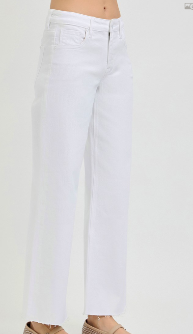 TUMMY CONTROL MID RISE ANKLE STRAIGHT RAW HEM PANTS PSA21667 WHITE