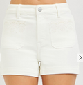 HIGH RISE SHORTS WITH SCALLOPED EYELET EMBROIDERED POCKETS