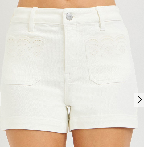 HIGH RISE SHORTS WITH SCALLOPED EYELET EMBROIDERED POCKETS