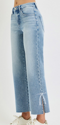 TUMMY CONTROL HIGH RISE CROP STRAIGHT SIDE SLIT AND RIBBON EMBROIDERY JEANS PSC21867