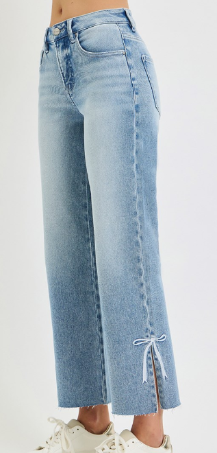 TUMMY CONTROL HIGH RISE CROP STRAIGHT SIDE SLIT AND RIBBON EMBROIDERY JEANS PSC21867