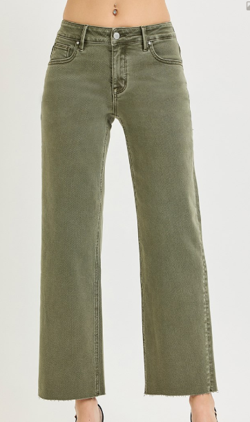 TUMMY CONTROL MID RISE ANKLE STRAIGHT RAW HEM PANTS PSA21667 BURNT OLIVE