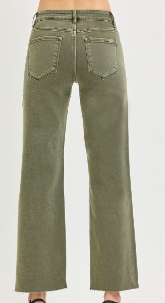 TUMMY CONTROL MID RISE ANKLE STRAIGHT RAW HEM PANTS PSA21667 BURNT OLIVE