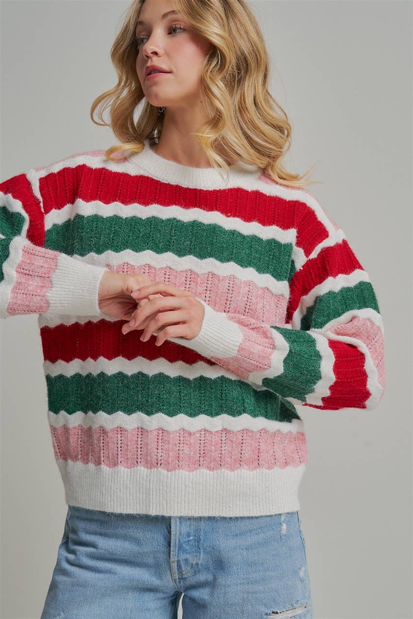 HOLIDAY CHRISTMAS  TEXTURED STRIPE SWEATER TOP_JLT00341-01