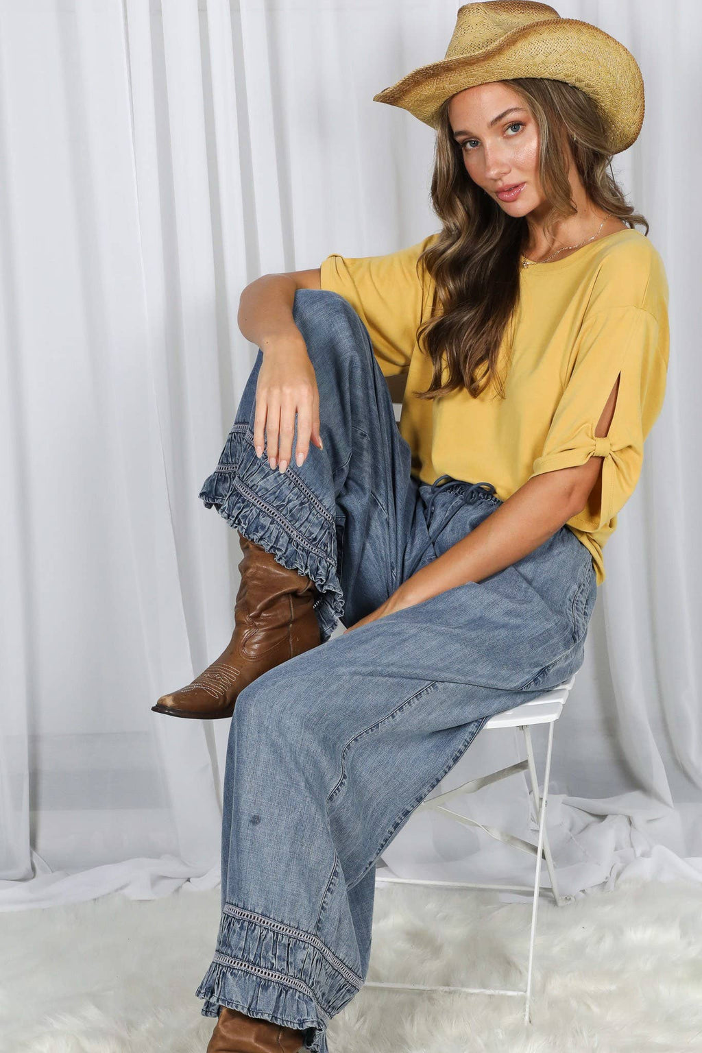 Tie Accent Sleeve Soft Casual T-Shirt Top VT82907