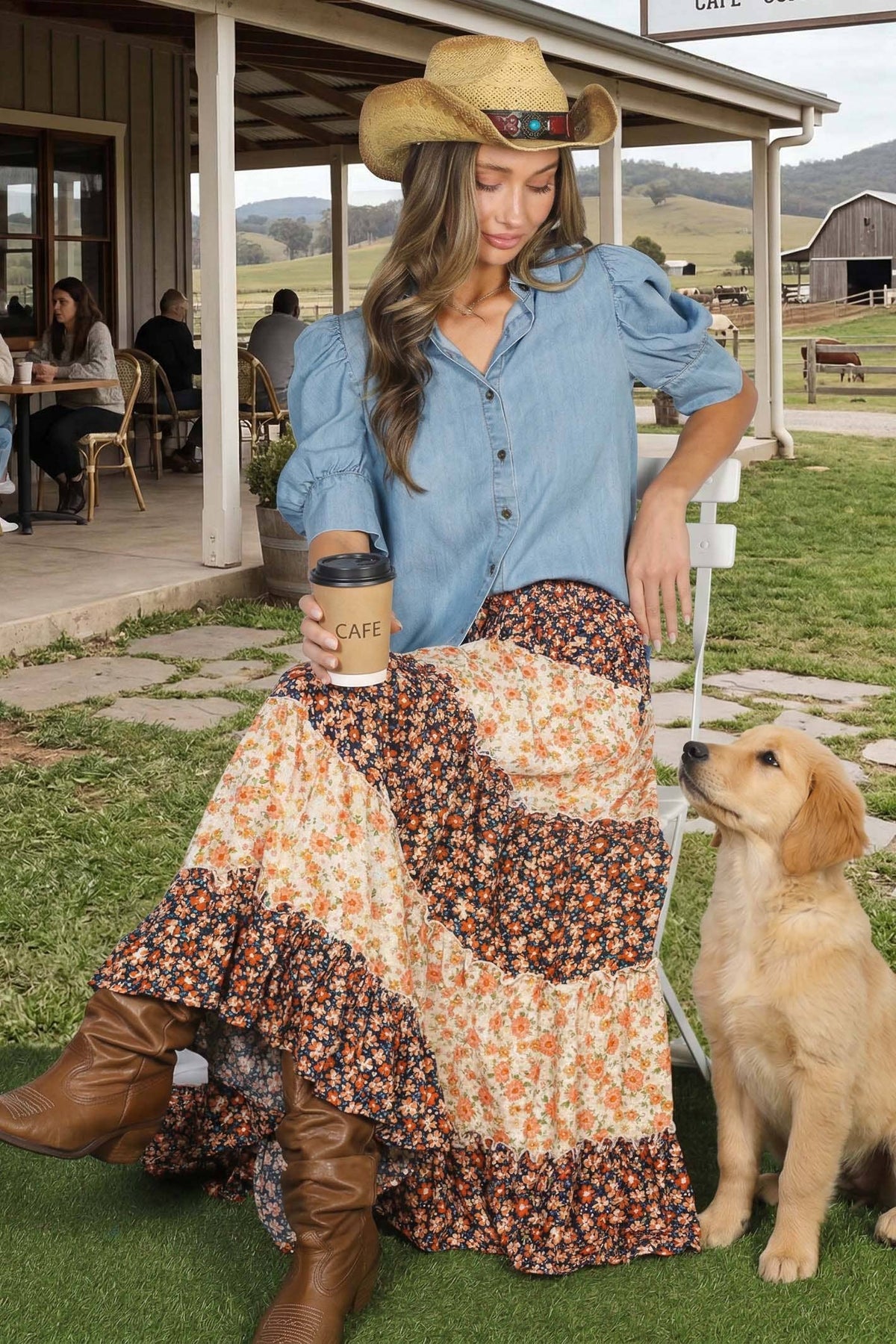 Collared Puff-Sleeve 100%Tencel Chambray Denim