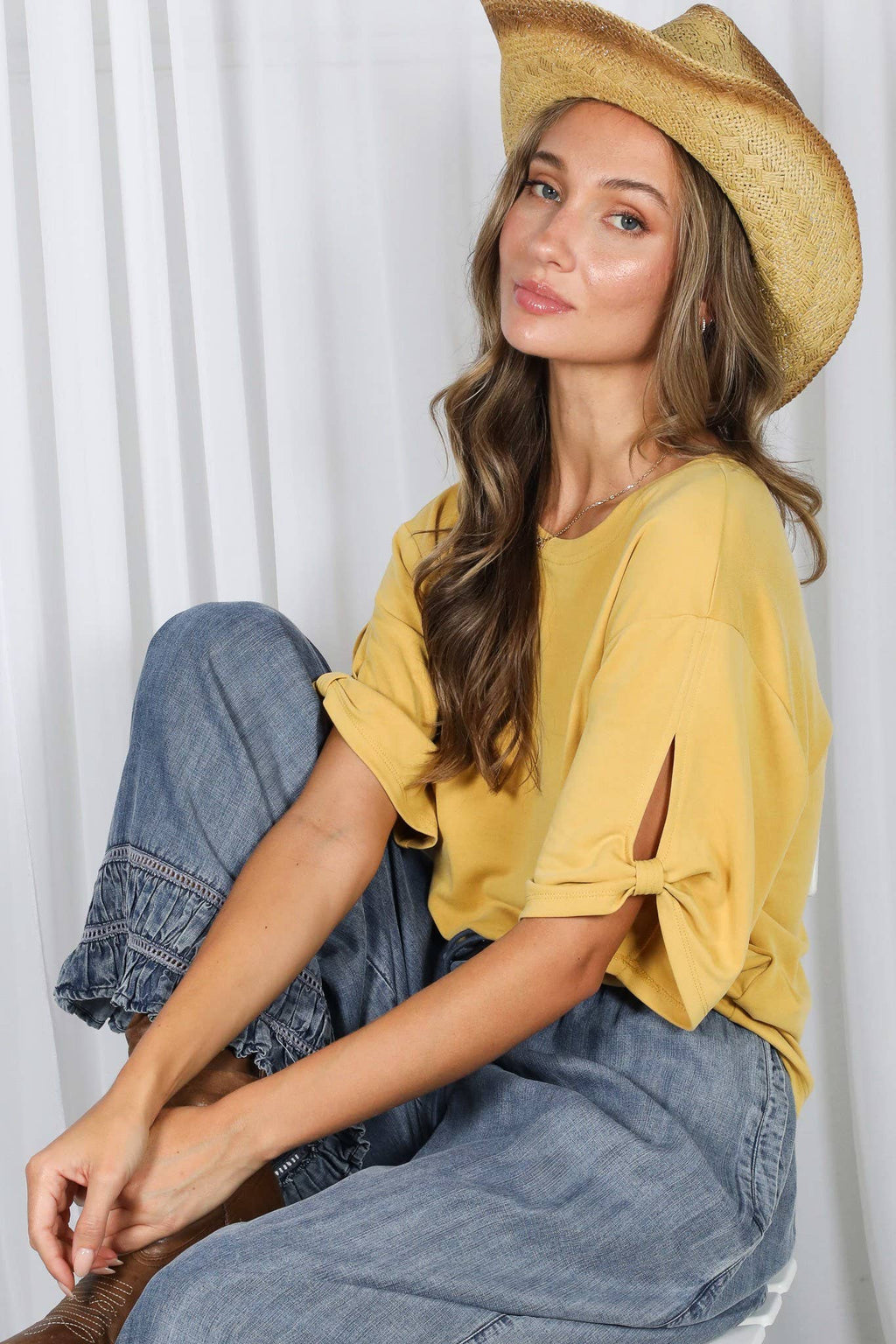 Tie Accent Sleeve Soft Casual T-Shirt Top VT82907