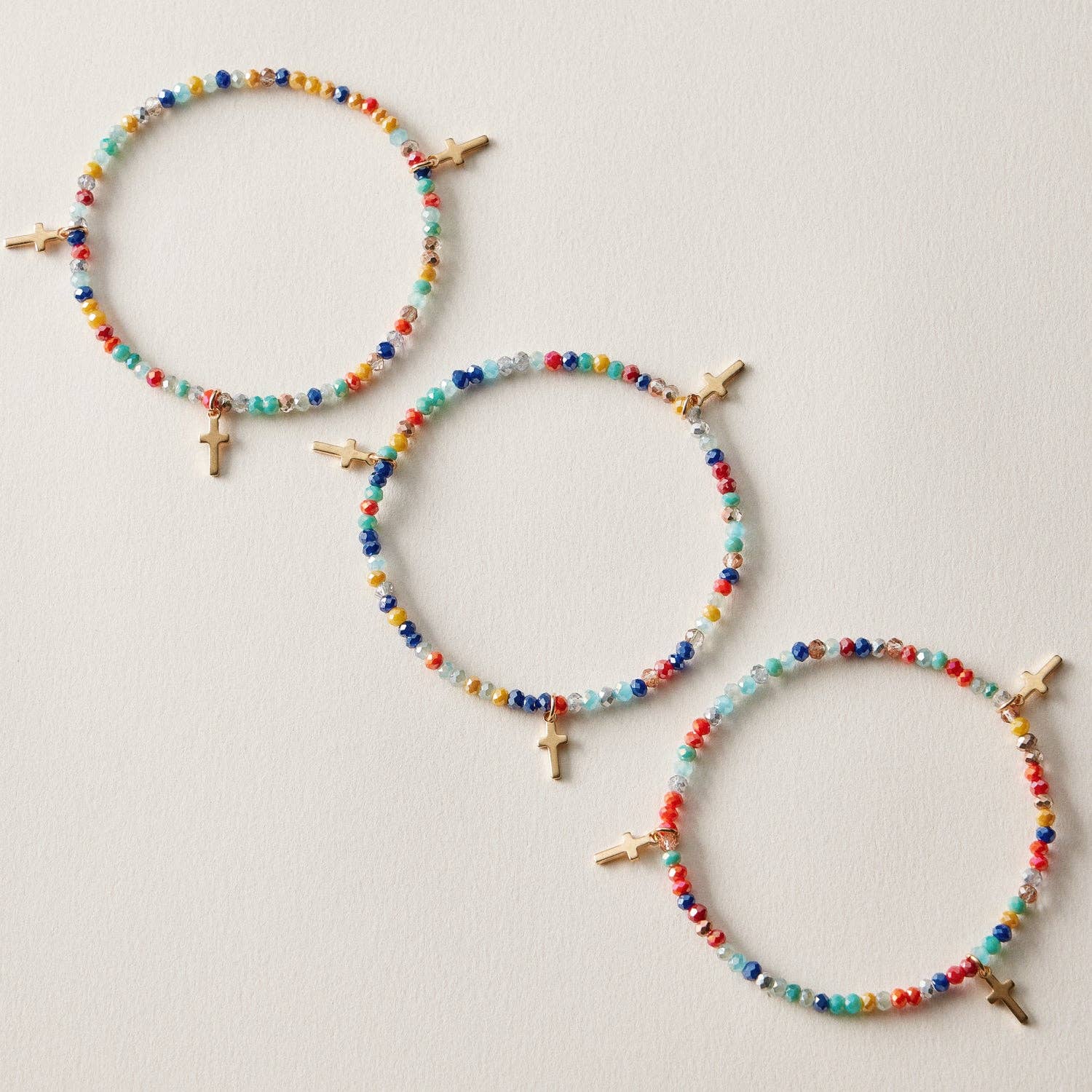 Gold Cross Charm Crystal Stretch Bracelet Stack Set