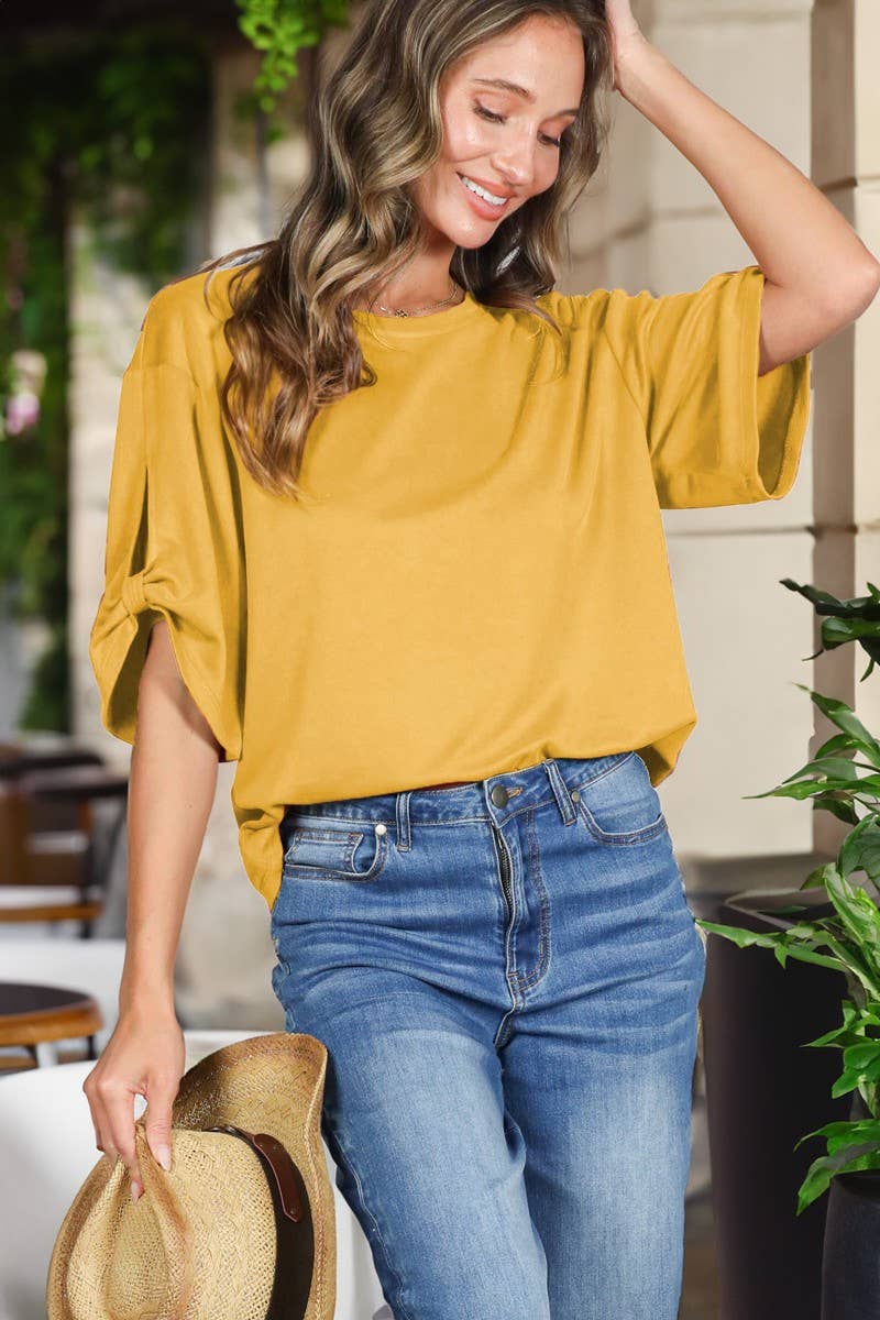 Tie Accent Sleeve Soft Casual T-Shirt Top VT82907