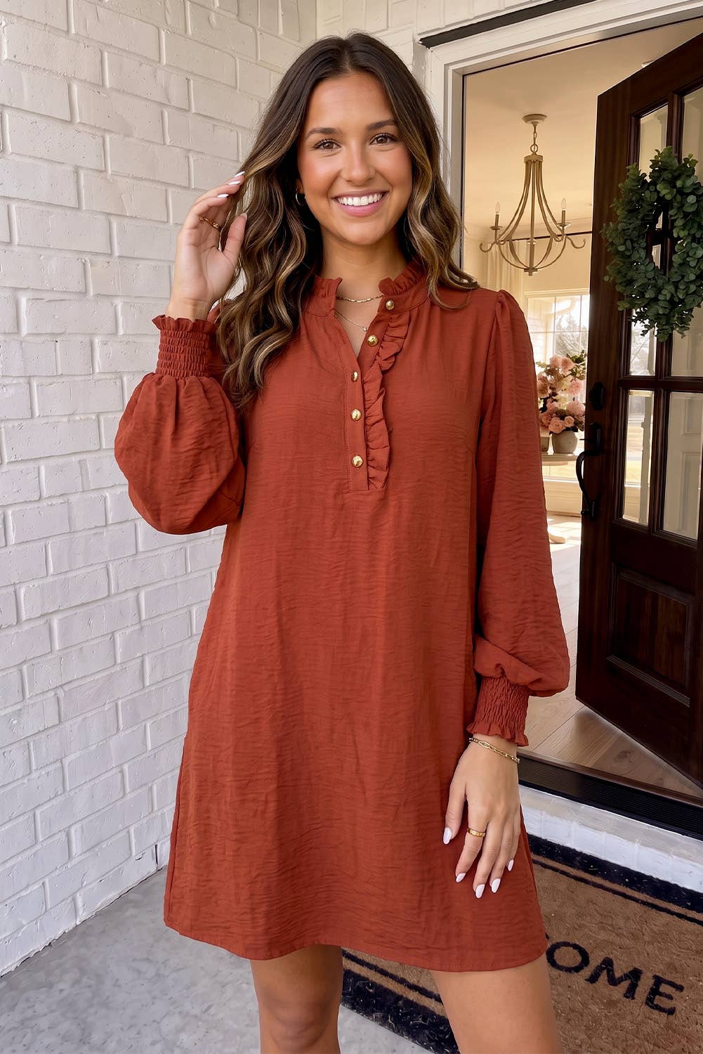 LAS Solid Ruffle Trim Bubble Sleeve Shift Mini Dress (S-XL)