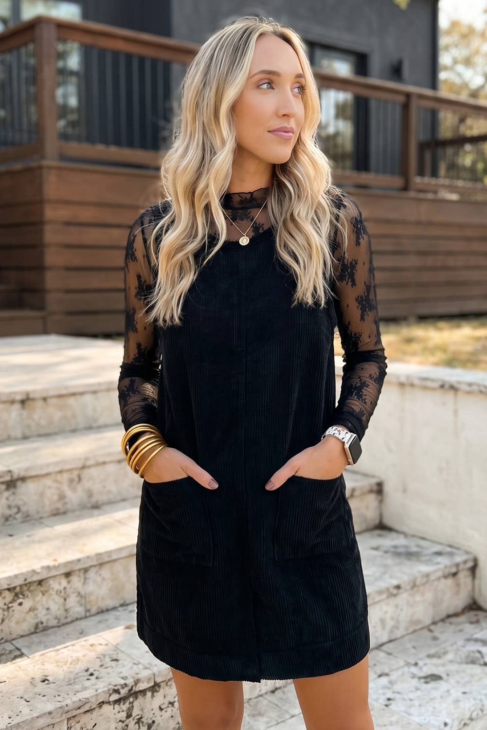 Corduroy Sleeveless Mini Dress With Patched Pockets (S-4X)