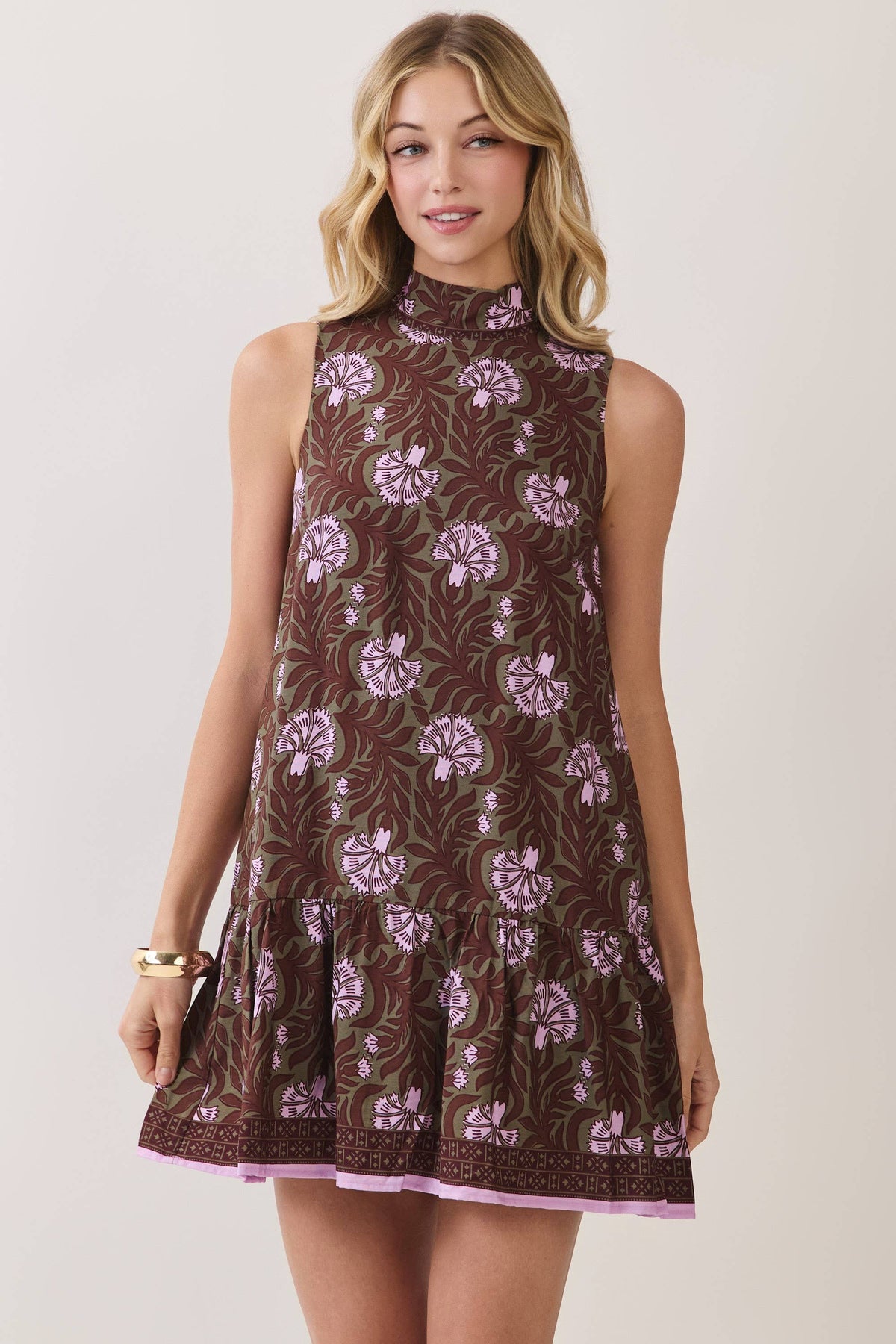 CD07412-Floral Mock Neck Shift Mini Dress