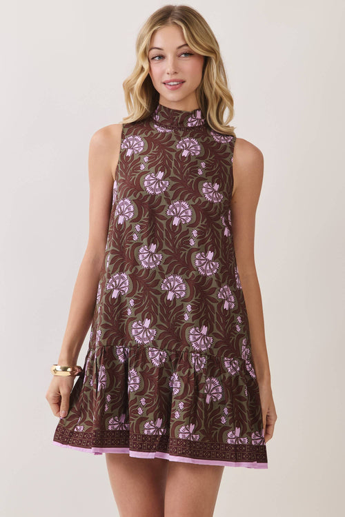 CD07412-Floral Mock Neck Shift Mini Dress